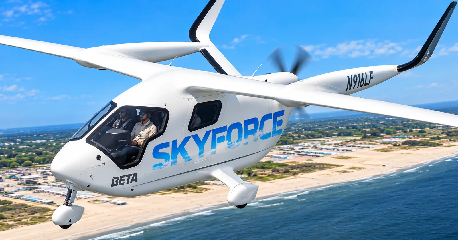 SkyForce BETA ALIA CX300 electric aircraft flying over the coast