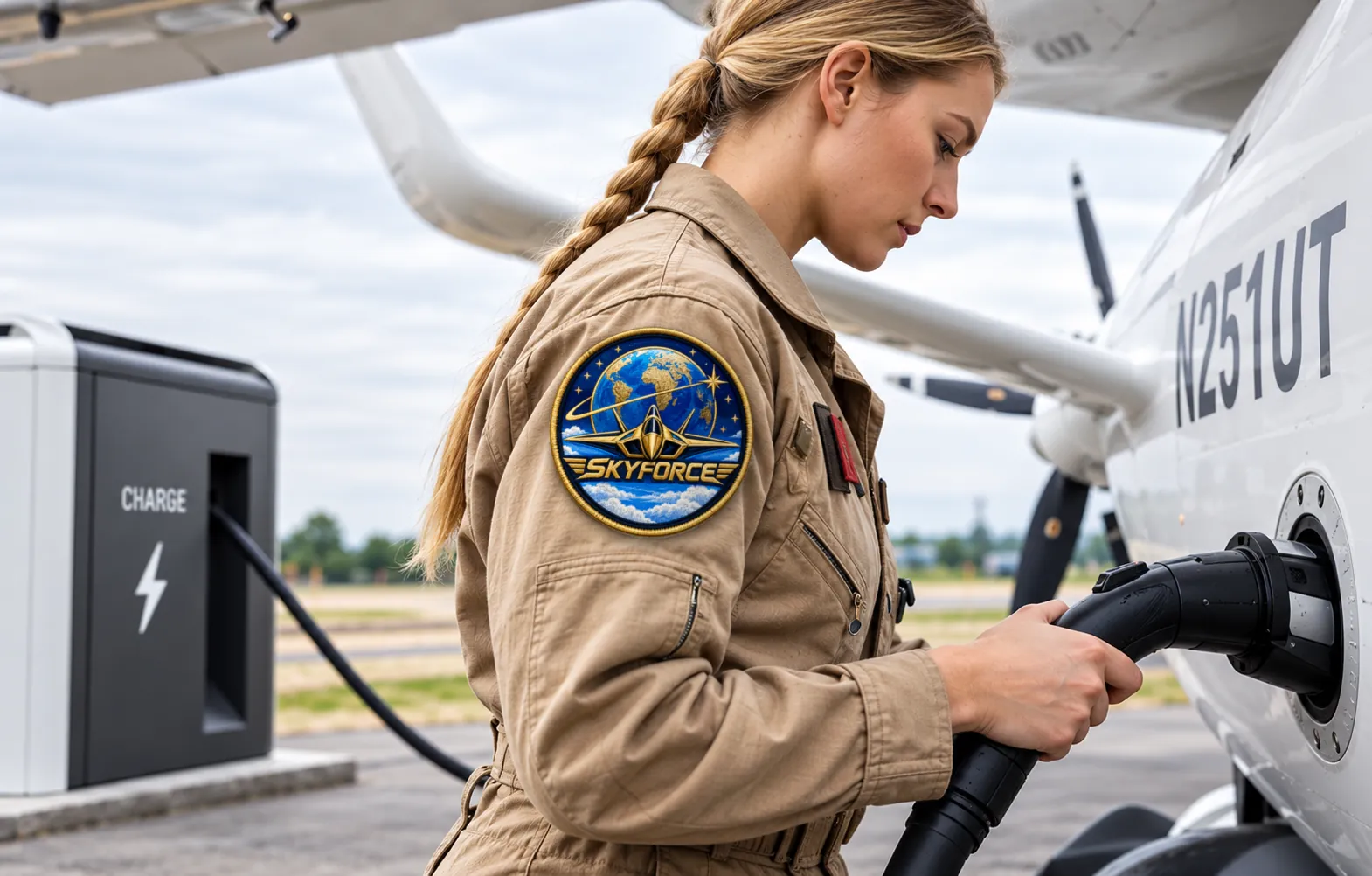 SkyForce technician plugging a charger into an electric aircraft