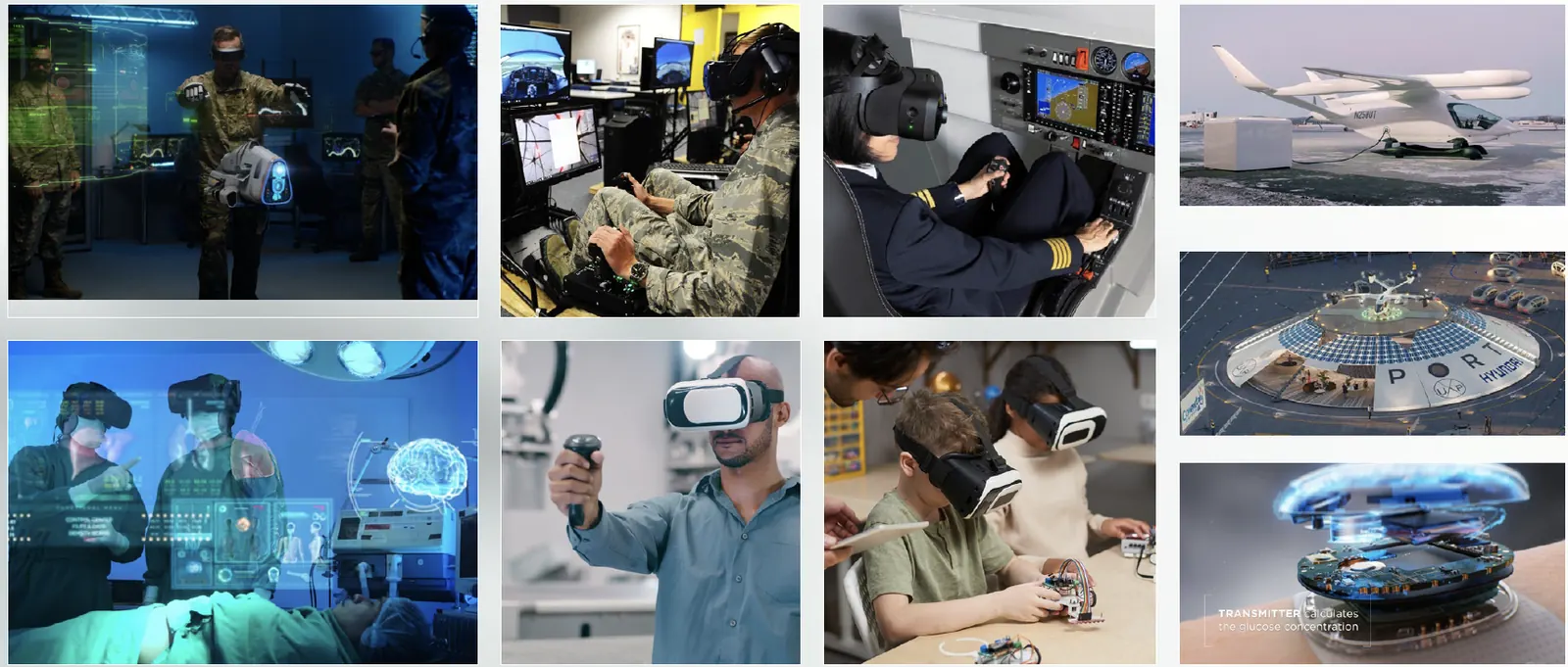 Collage of trainees using VR headsets and simulators