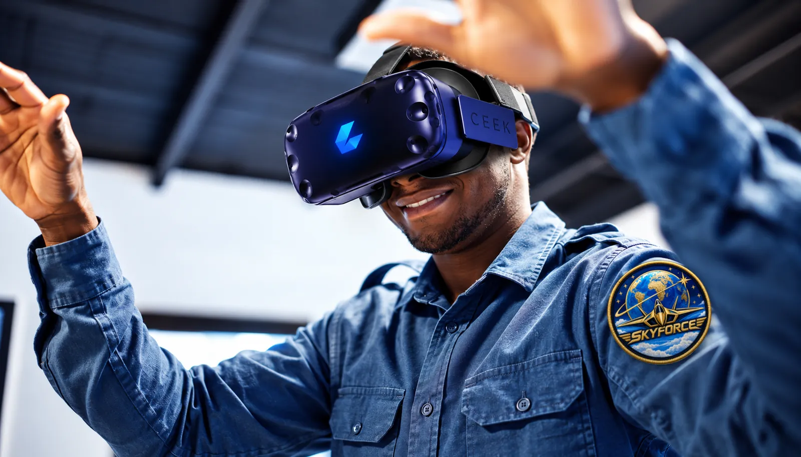 SkyForce maintenance technician training in a VR headset